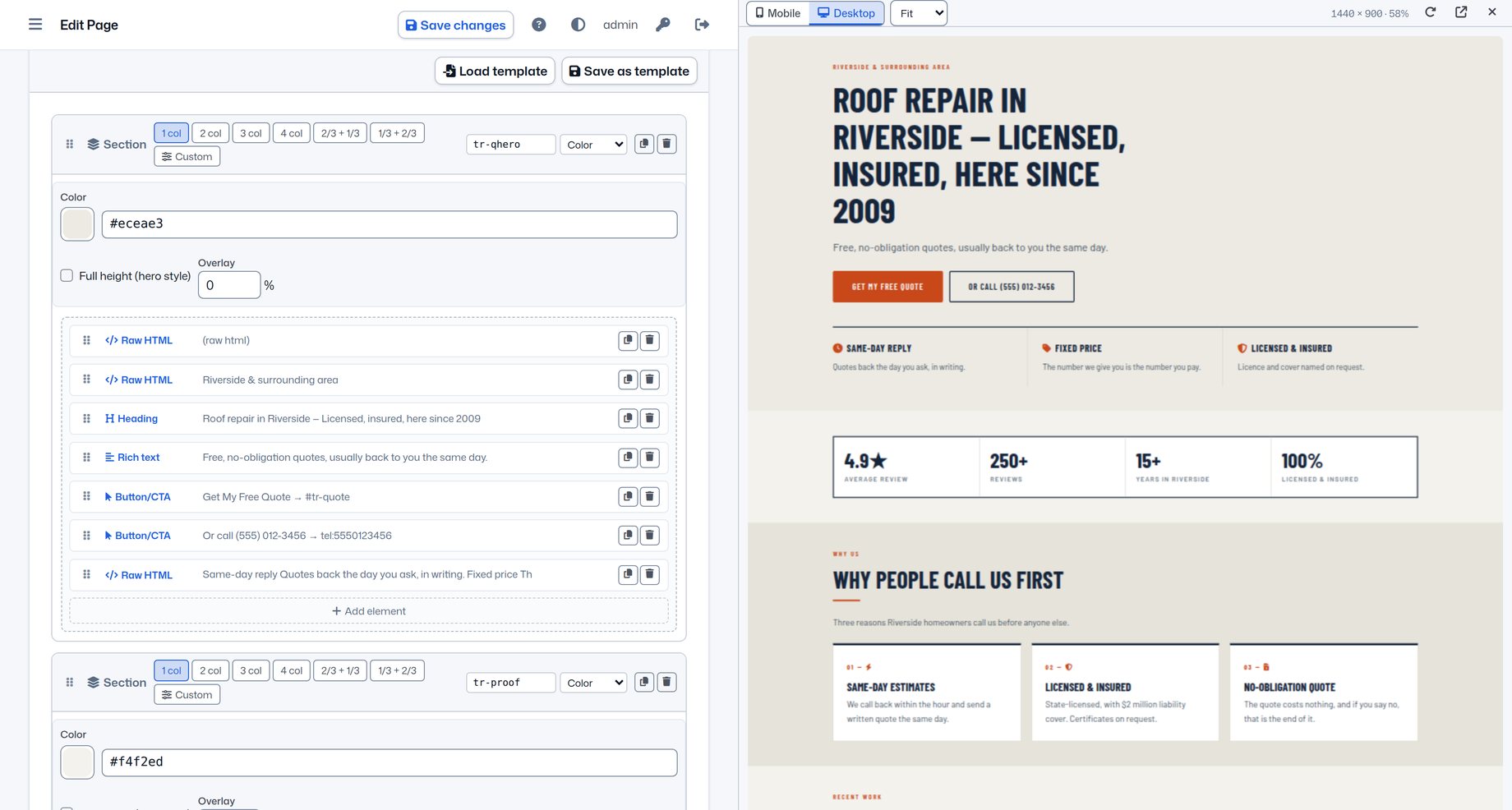The SignalPage page editor. On the left, a roofing company's quote page is listed as sections of headings, text and buttons; on the right, the same page renders live.