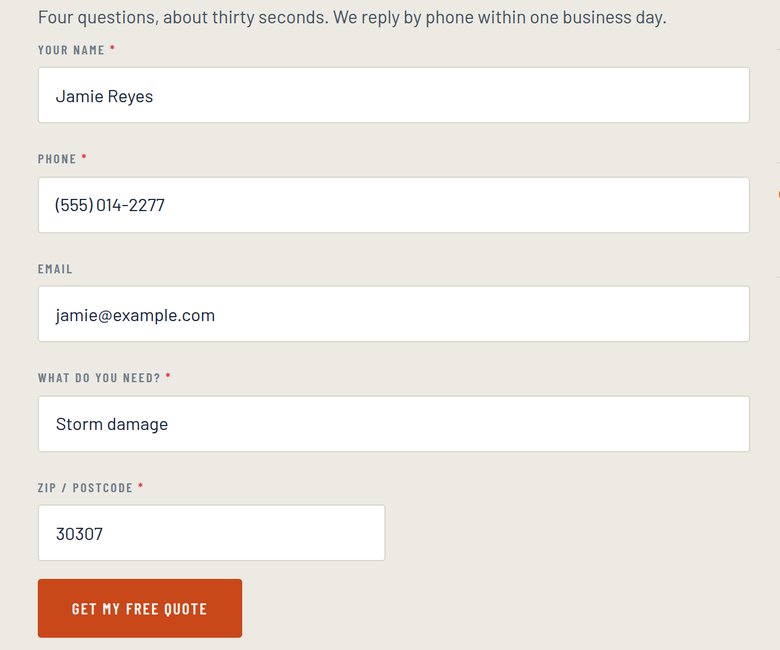 A quote request form filled in with a name, phone number, email, the job needed and a zip code.