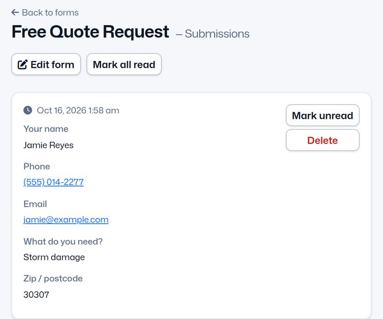 The same enquiry in the SignalPage admin, listed under the form's submissions with each answer.